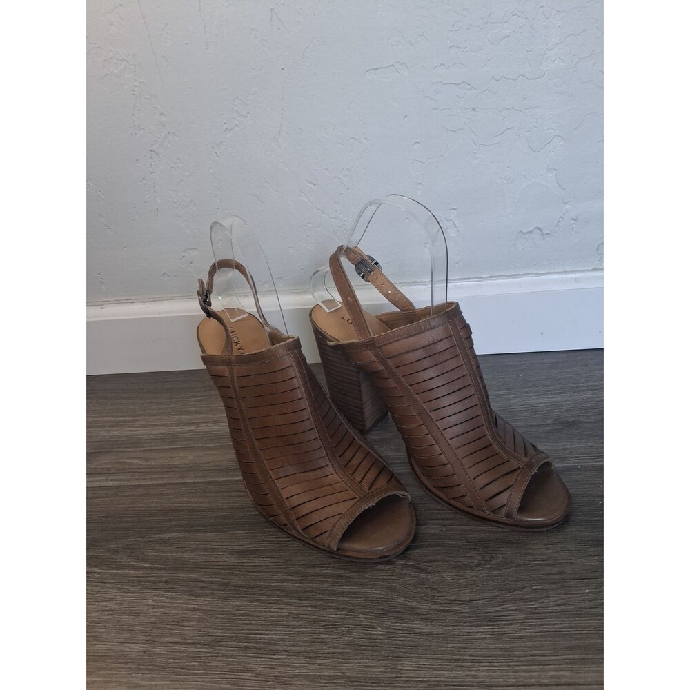 Lucky Brand Brown Leather Boho Peep Toe Slingback Block Heel Sandal women Sz 8.5